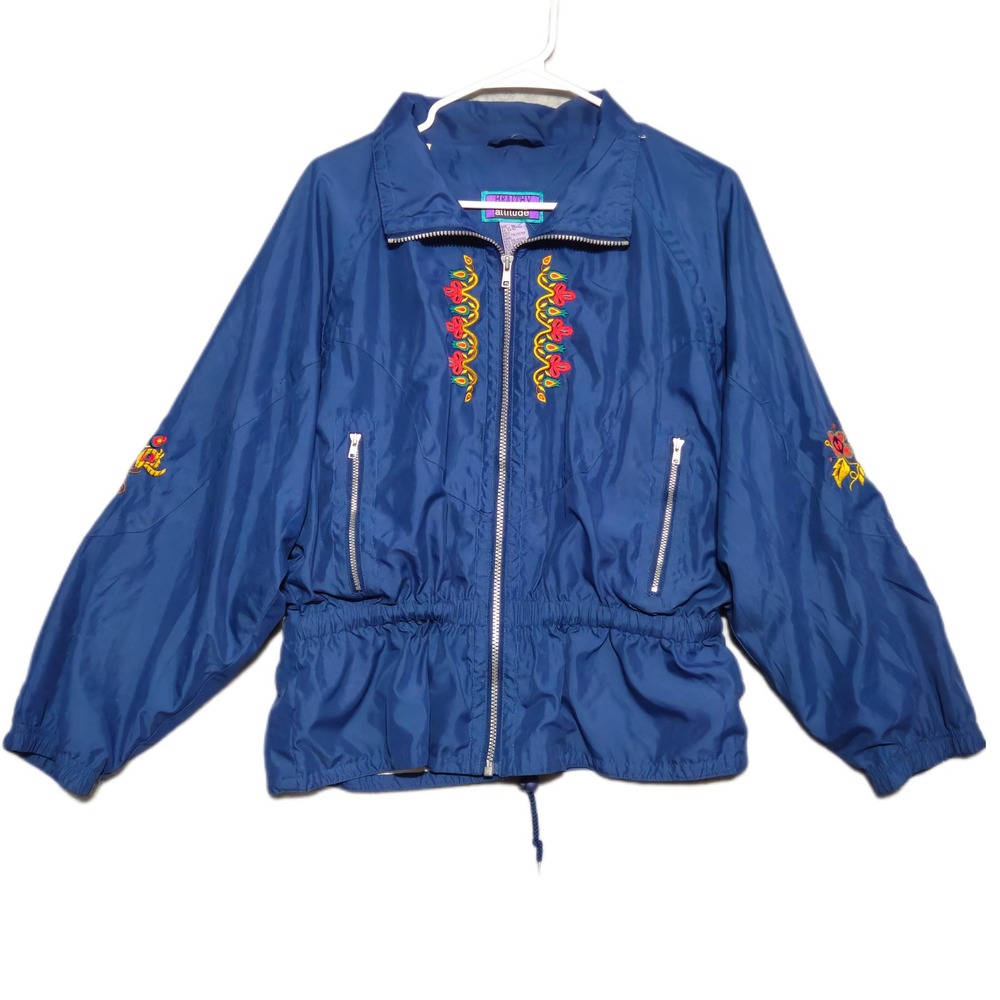 Healthy Attitude Windbreaker Jacket Womens Medium Blue Floral Embroidered VTG